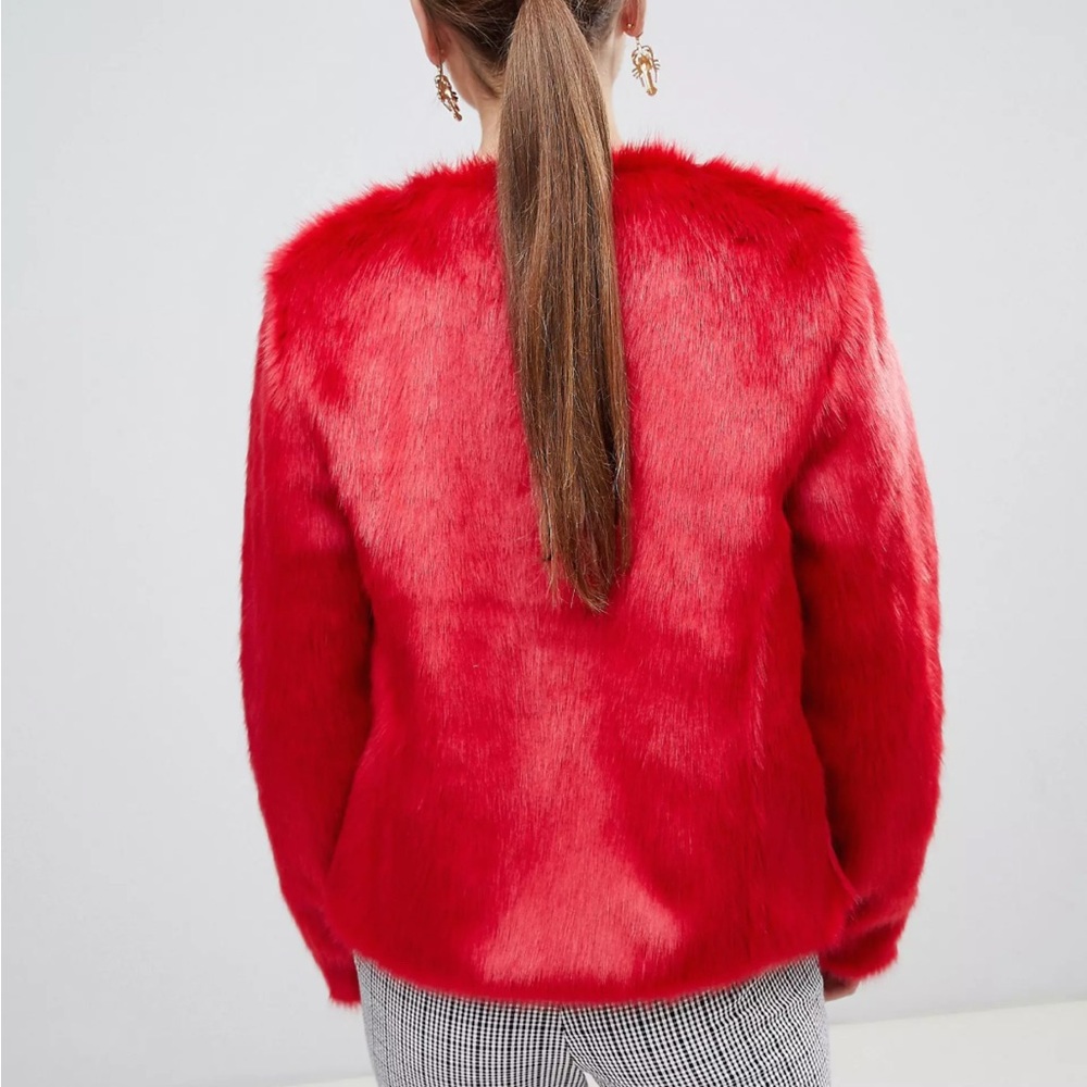 Red Unreal Fur Collarless Faux Jacket - image 3
